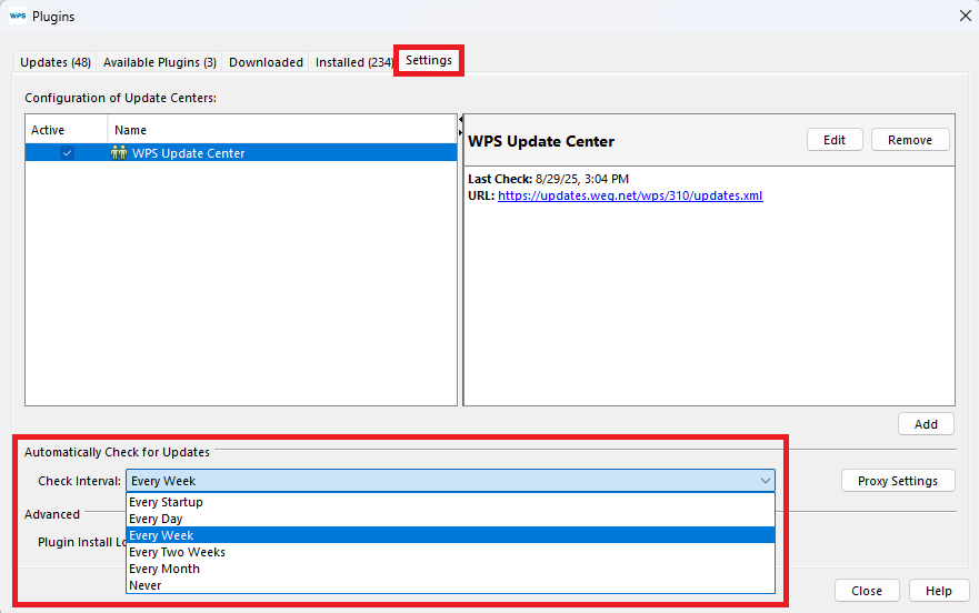 Plugins Window - Settings Tab