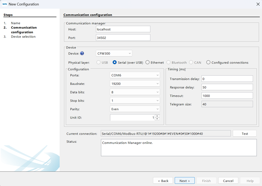 Communication options selected