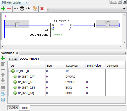 Figure 2: TP block with retentive instance and variables one second after the setup.